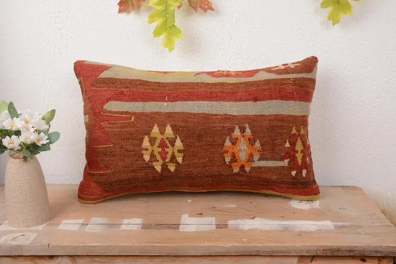 Brown & Red Embroidered Throw Pillow, 12x20 Handmade Linen Pillow