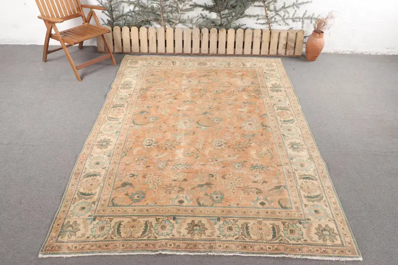 Handmade Rug, 6.5x9.1 ft Orange & Blue Floral