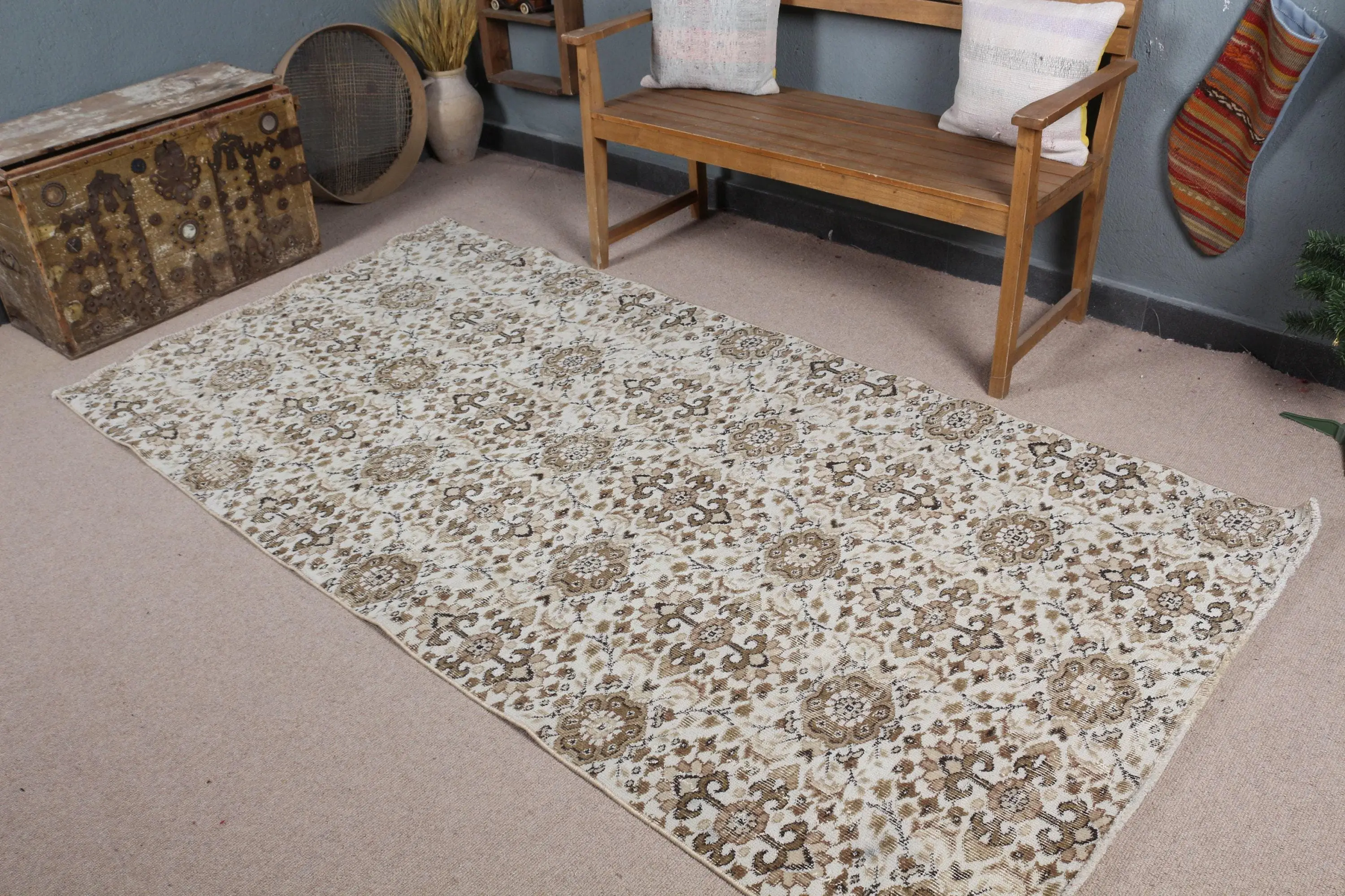 Vintage Türk Halısı 4.2x8 ft (127x244 cm), Kahverengi Fas Halısı - 1