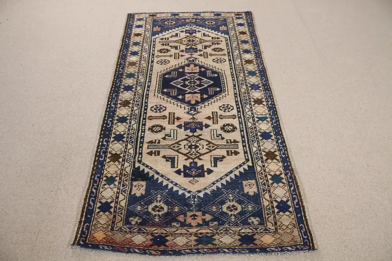 Mavi ve Bej Halı, 0,3x6,6 ft Bordürlü Tasarım