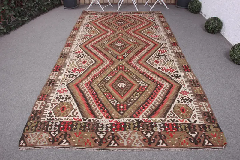 El Yapımı Yeşil ve Kırmızı Kareli Halı, 5,3x10,5 ft