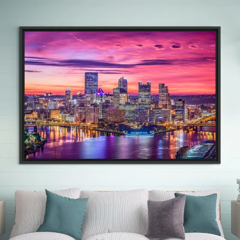 Leinwand mit Stadtbild von Pittsburgh: Nachtansicht, schöner Himmel, Bürodekoration
