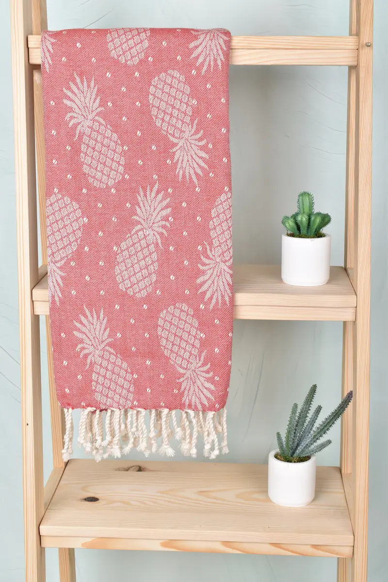 Personalized Turkish Beach Towel Red Pineapple Pattern 40x79 Inches