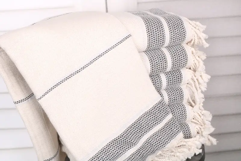 Beach Towel Striped Turkish Linen Black-Light Gray, 36x71 Inches