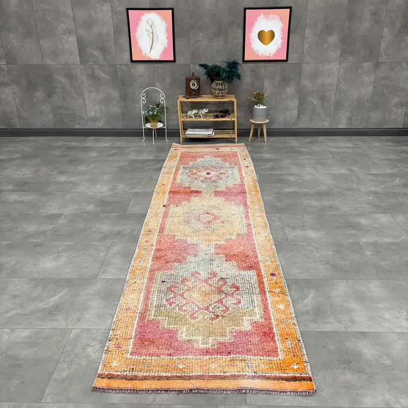 Türkischer Vintage-Läuferteppich, 90 x 30 cm, orange-rosa gepunkteter Wollteppich - 1