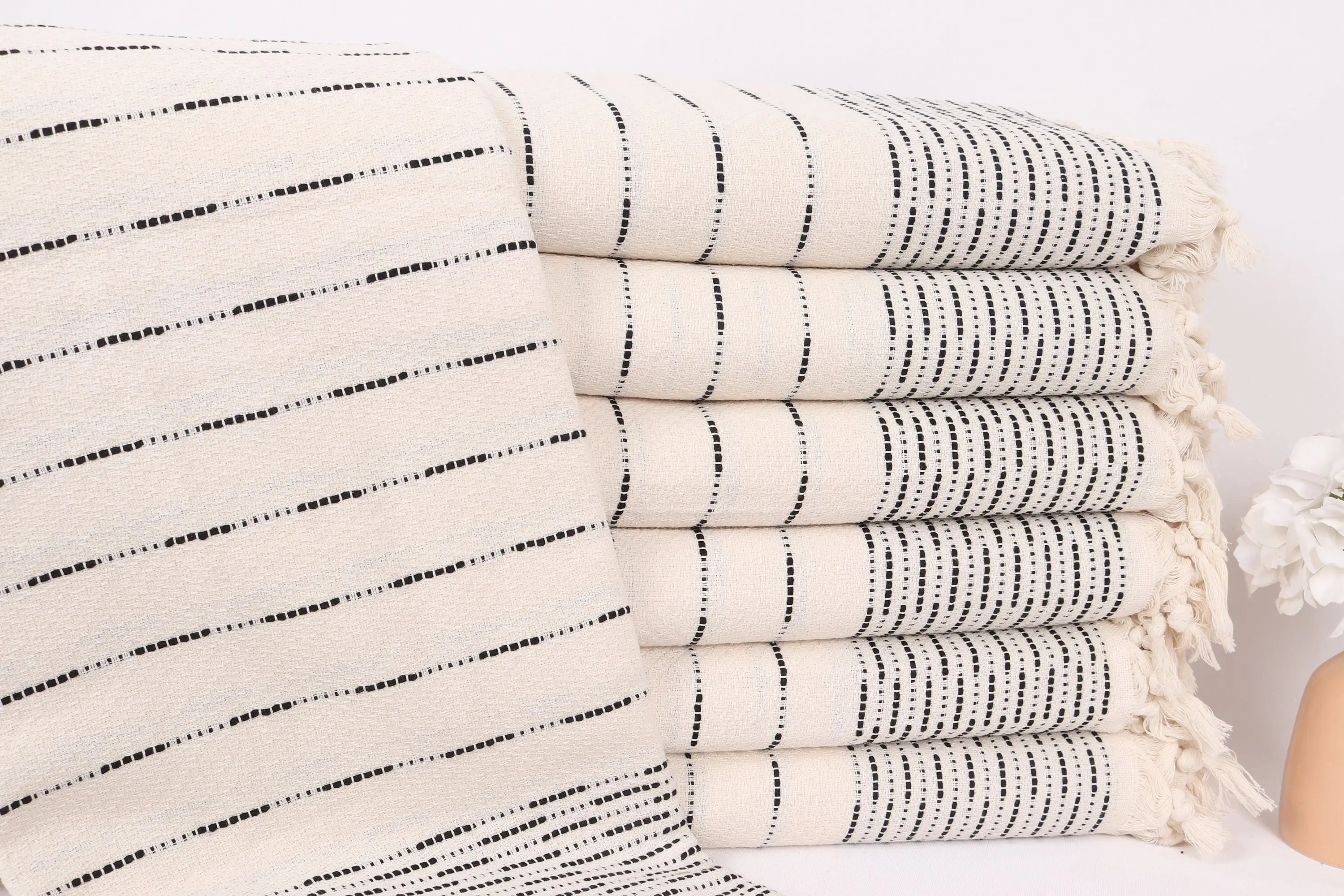 Black Cotton Blanket Striped Design, Handmade Full Size 91x97 Inches - 1