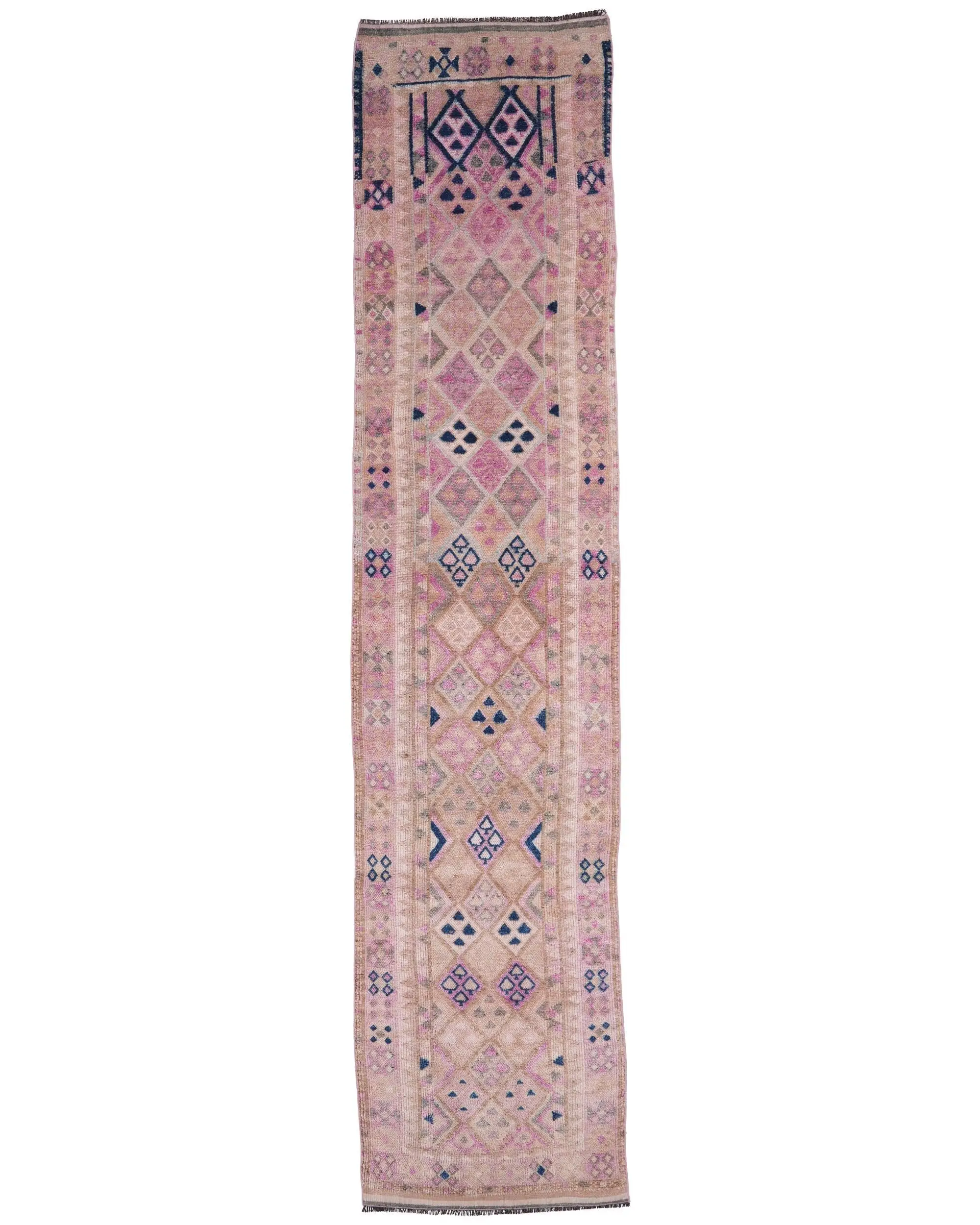 2.9x12.7 ft Herki Rug, Turkish Vintage Rug, Pink Blue Bordered Rug - 1