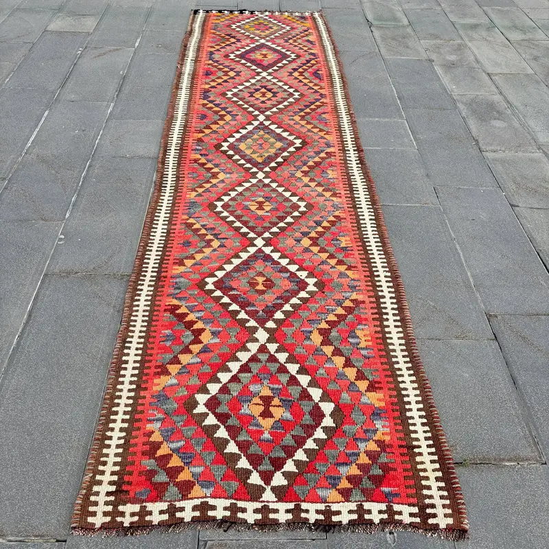 Kırmızı & Kahverengi Halı, 3,1x11,8 ft Bitki ve Ağaç Desenli