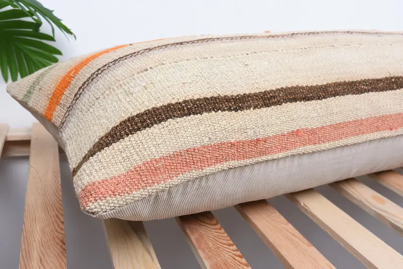 Pillow Cover, Vintage Kilim Throw Pillow, Rustic Cushion Case, Kilim Cushion Sham, Ethnical Kilim Rug Pillow, 16x48 Beige Cushion - 6