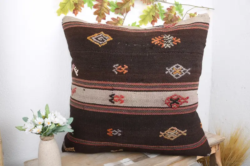 Pillow for Sofa, Boho Pillow, Cushion, 24x24 Brown Pillow, One Of A Kind Pillow, Art Deco Pillow, Outdoor Patio Pillow Cover, Handmade Kilim Cushion - 4