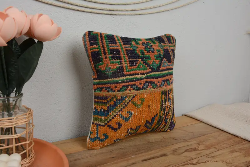 Handmade Kilim Cushion, Lounge Throw Pillow Case, Pillow Cover, Vintage Pillow, 12x12 Orange Pillow, Pillow for Sofa - 1