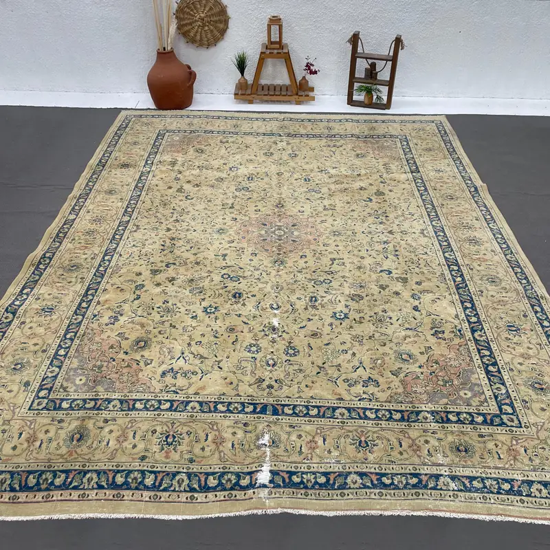 Turkish Rug, 9.7x12.6 ft Oversize Vintage Rug, Oushak Blue Brown Moroccan Rug - 1
