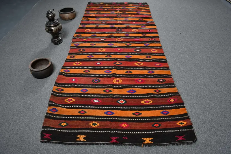 4x9.9 ft Turkish Kilim Rug, Red Southwestern Vintage Wool Rug - 1