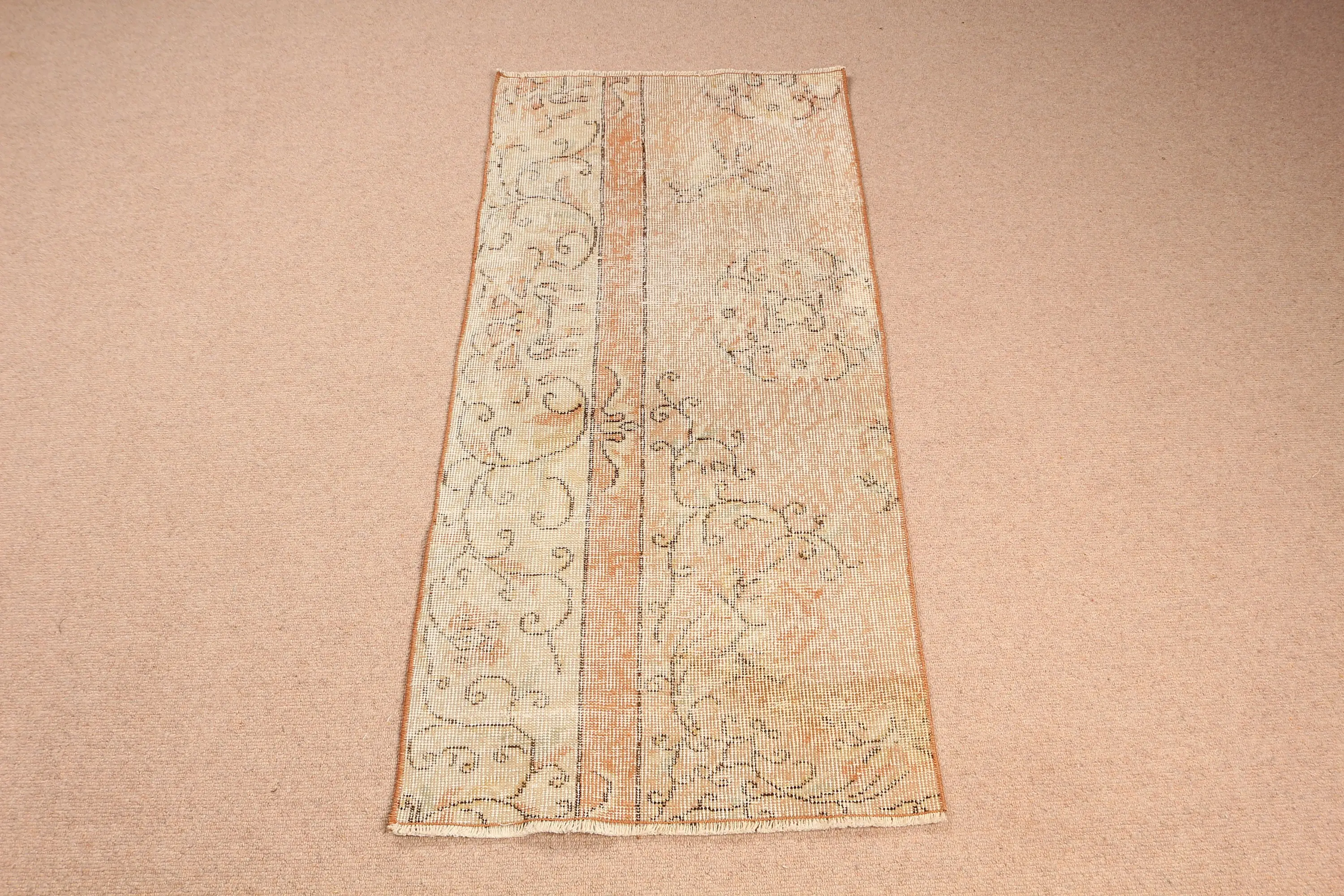 Turkish Rug 2x4.2 ft, Brown Orange Moroccan Wool Vintage Rug - 1
