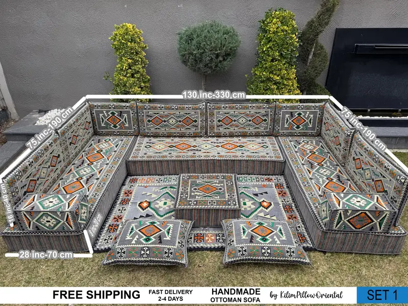 ハンドメイドキリムプーフ、グレー&ベージュウールオットマンプーフ