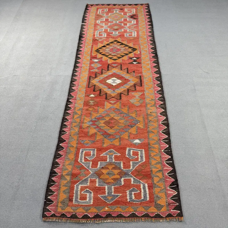 Vintage Turkish Kilim Rug 3.5x10.4 ft (107x316 cm), Red Check Wool Rug - 1