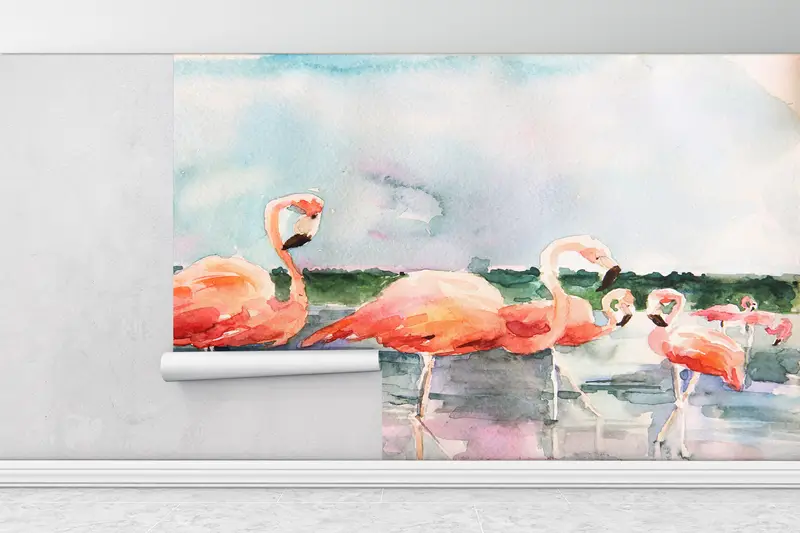 Flamingo Wall Art, Pink Flamingo Wall Art, Animal Wallpaper, Bird Wall Painting, Watercolor Wall Painting, Abstract Wall Mural, - 1