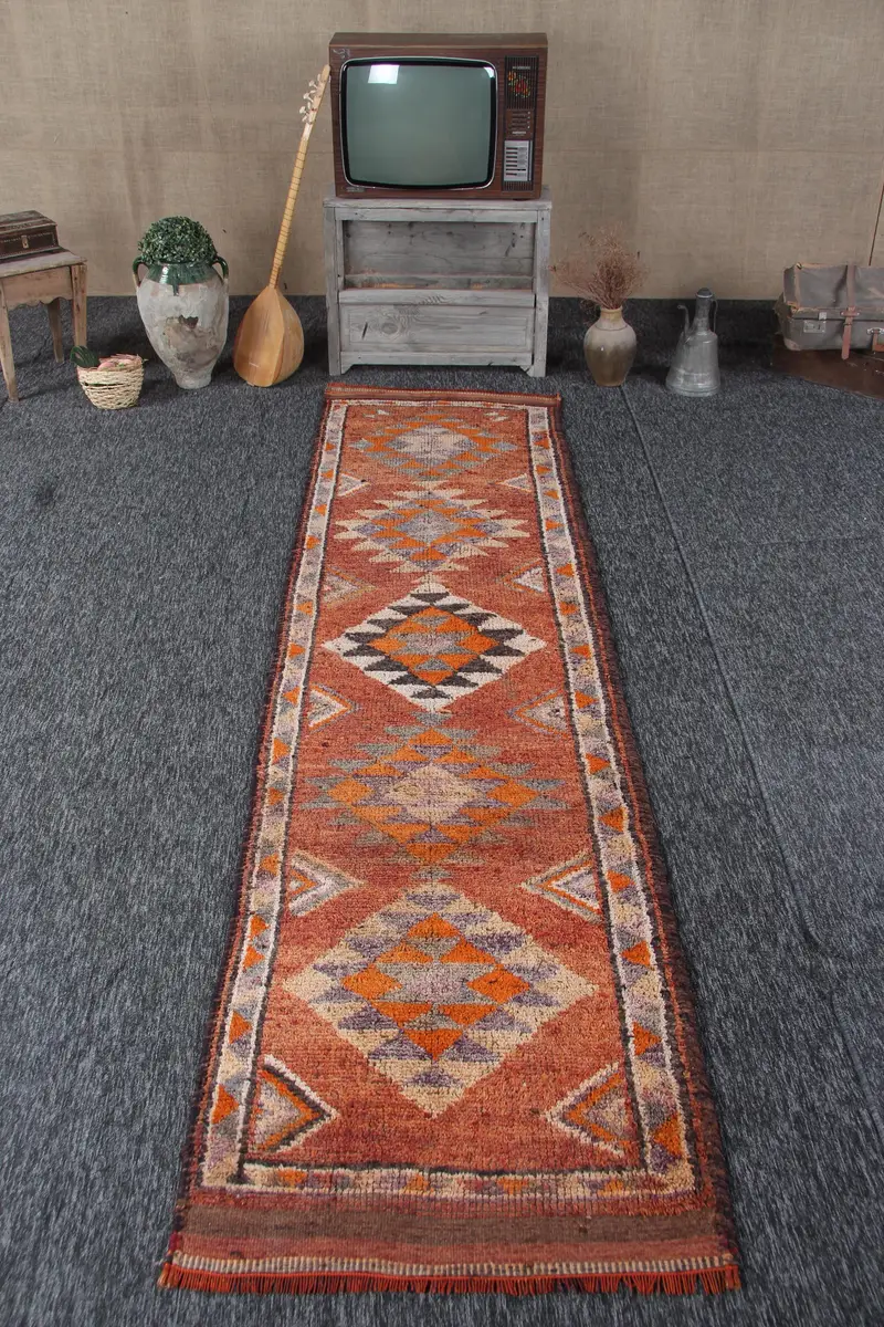 2,7x10,6 ft Vintage Läuferteppich, türkischer orangefarbener Teppich - 1