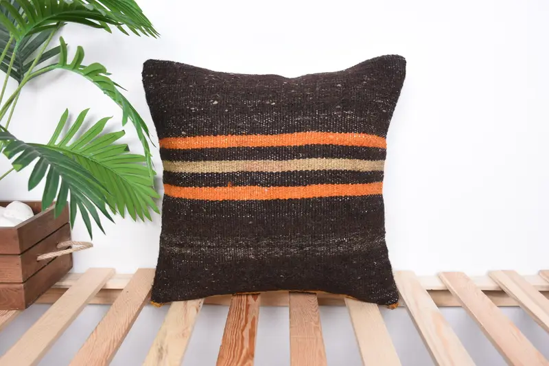 16x16 Brown Cushion Cover, Vintage Pillow, Seat Cushion Cover, Vintage Kilim Throw Pillow, Kilim Pillow Cover, Pillow Case - 1