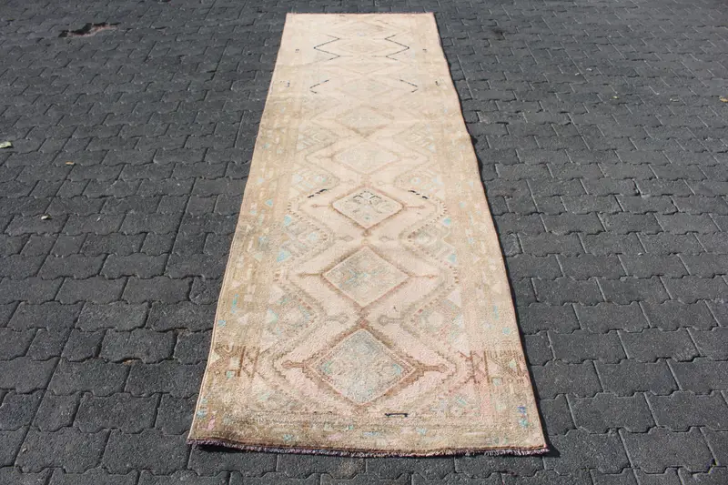 Vintage Oushak Teppich 3x9,7 ft, braun blauer türkischer Ikat-Wollteppich - 1