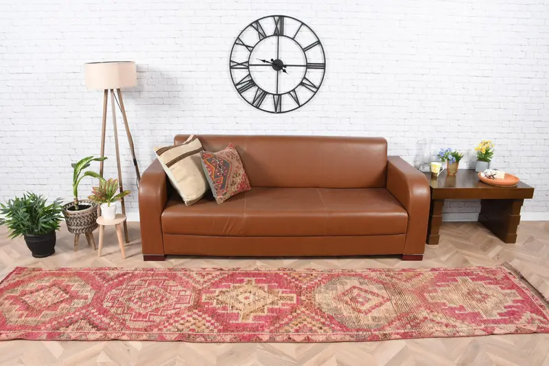 Vintage Türk Halısı, 2.6x11.2 ft Herki Halı, Kırmızı İkat Yün Halı - 1