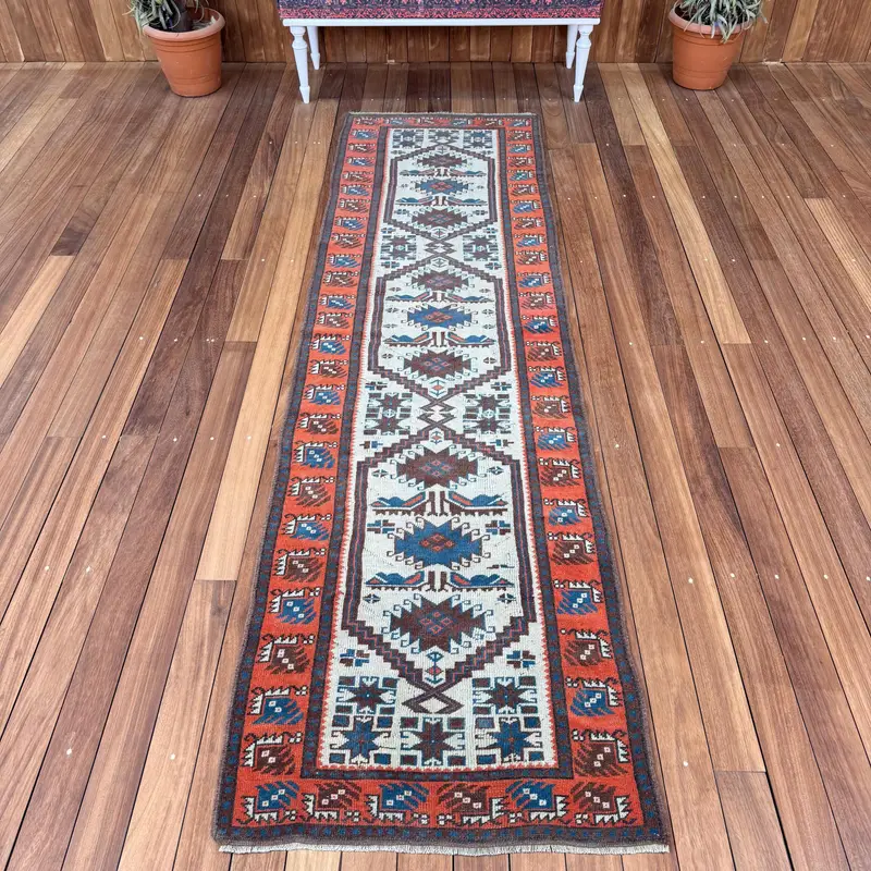 Oushak Vintage Rug, 2.5x9 ft Turkish Rug, Red Southwestern Wool Rug - 1
