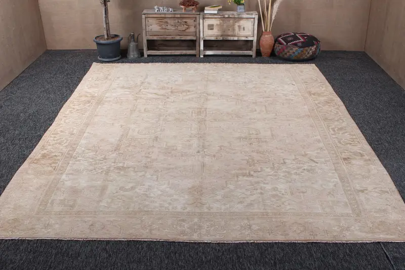 Alfombra turca vintage de 9,8x12 pies, alfombra de gran tamaño, alfombra de patchwork beige Oushak - 1