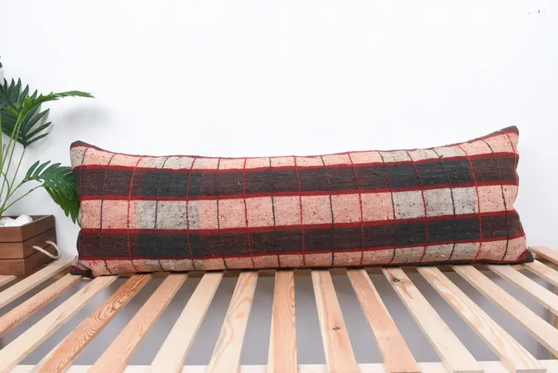 Handmade Kilim Cushion, Vintage Kilim Throw Pillow, Pillow Cover, Boho Pillow Sham Cover, 16x48 Brown Pillow Sham, Turkish Bench Pillow Case - 1