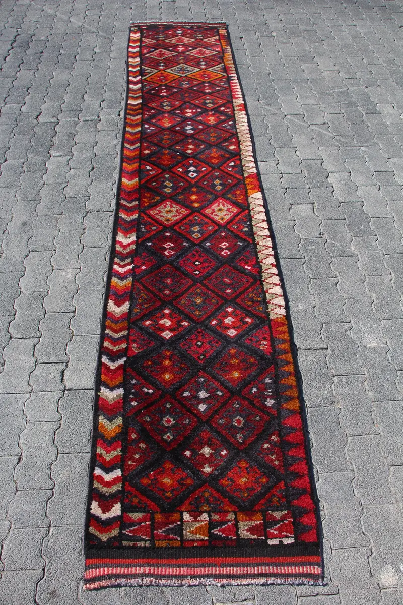 Vintage Turkish Rug, 2.1x11.3 ft Herki Rug, Red Black Patchwork Wool Rug - 1