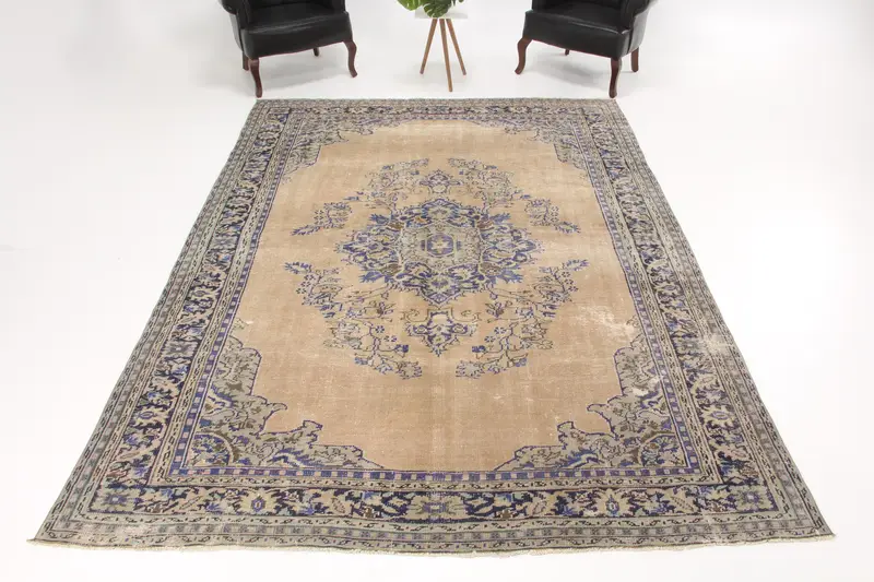 Vintage Turkish Oversize Rug 7.5x10.4 ft, Blue Brown Polka dot Rug - 1