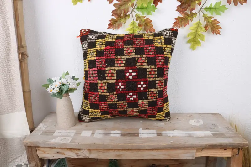 Antique Pillows, 16x16 Brown Pillow Case, Shabby Chic Pillow, Ethnical Kilim Rug Pillow, Hippie Throw Cushion, Cushion Cover, Boho Pillow Sham Cover - 1