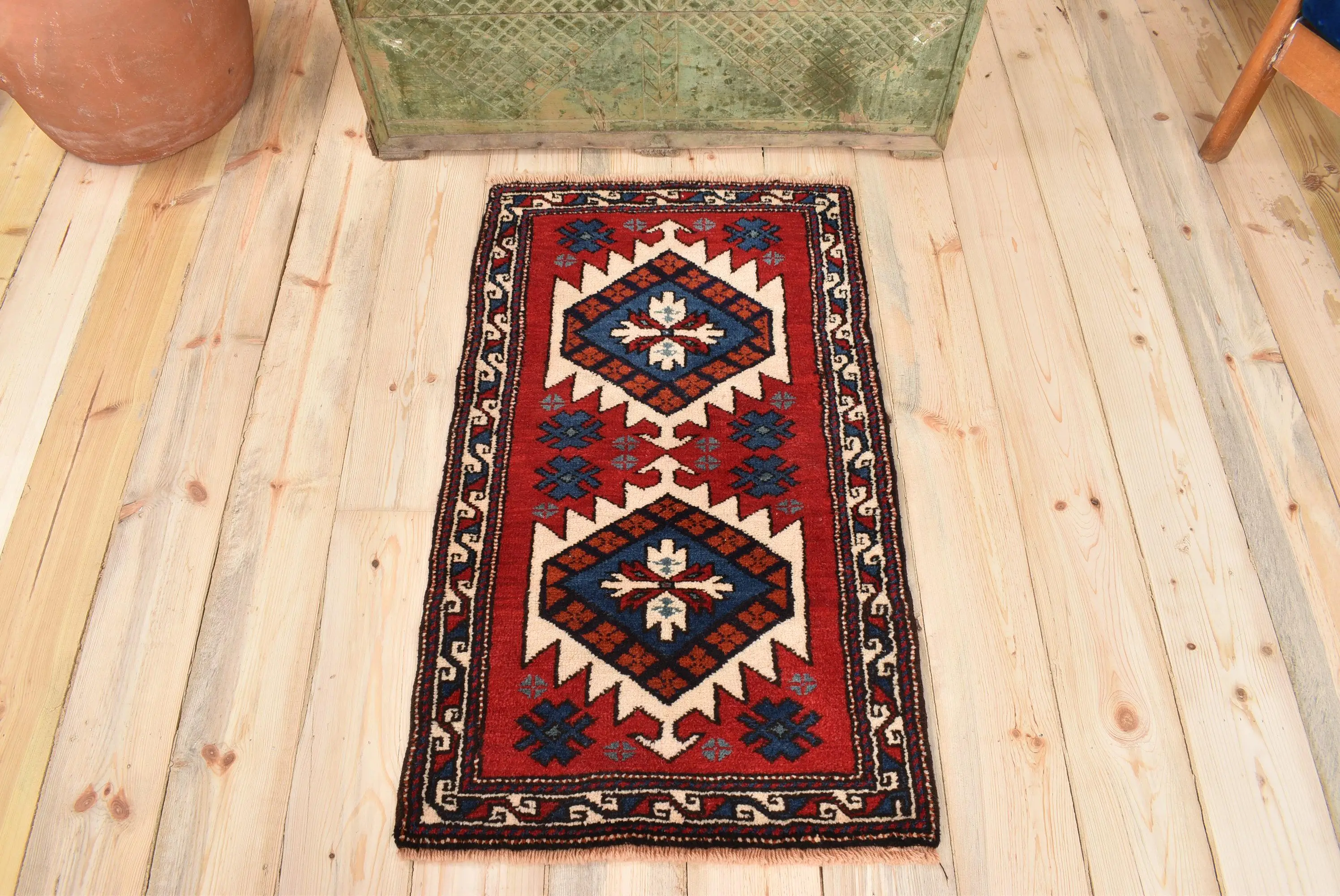 Vintage Turkish Rug 1.8x3.2 ft (56x96 cm), Red Striped Wool Rug - 1