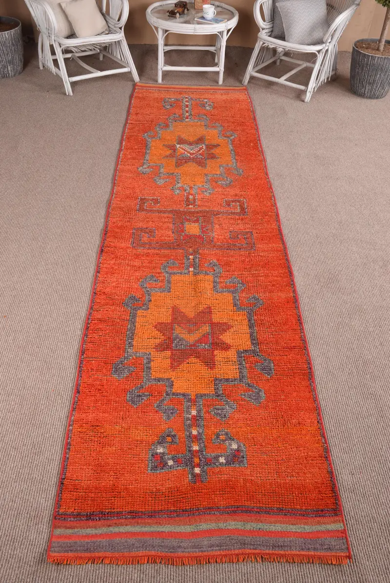 Turkish Herki Rug 3x11.5 ft, Red Gray Paisley Wool Vintage Rug - 1