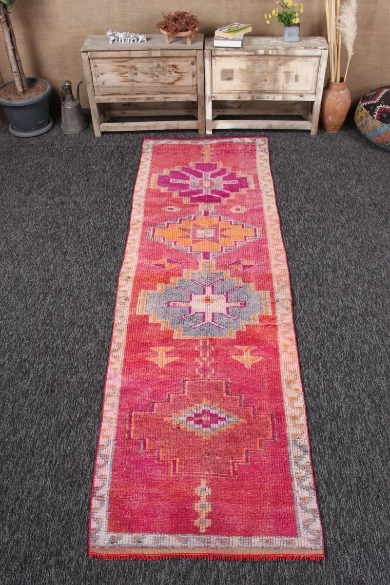 2,7x9,2 ft türkischer Vintage Teppich, Läuferteppich, Herki roter Wollteppich - 1
