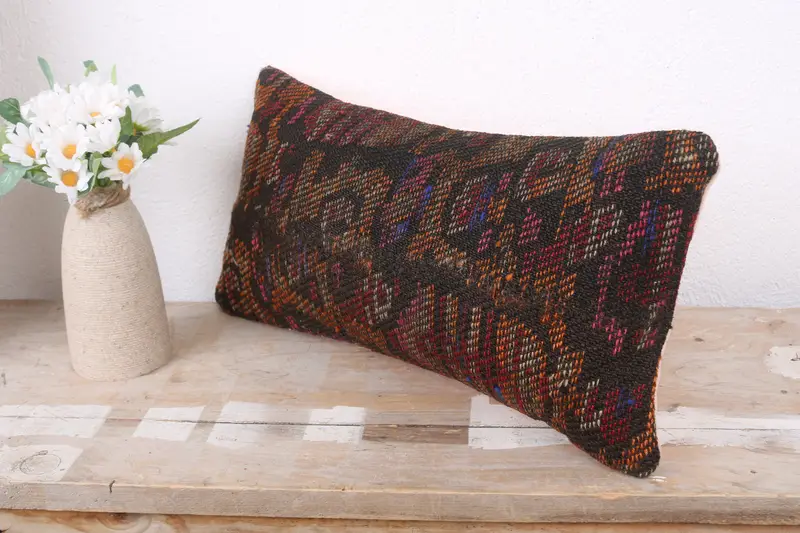 Vintage Kilim Throw Pillow, Pillow for Couch, Cushion, Gift Pillow, Bed Pillow Sham, Car Cushion Case, 8x16 Brown Pillow Sham - 4