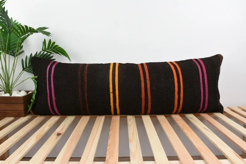 Brown Striped Throw Pillow with Rainbow Accents, Handmade Cushion