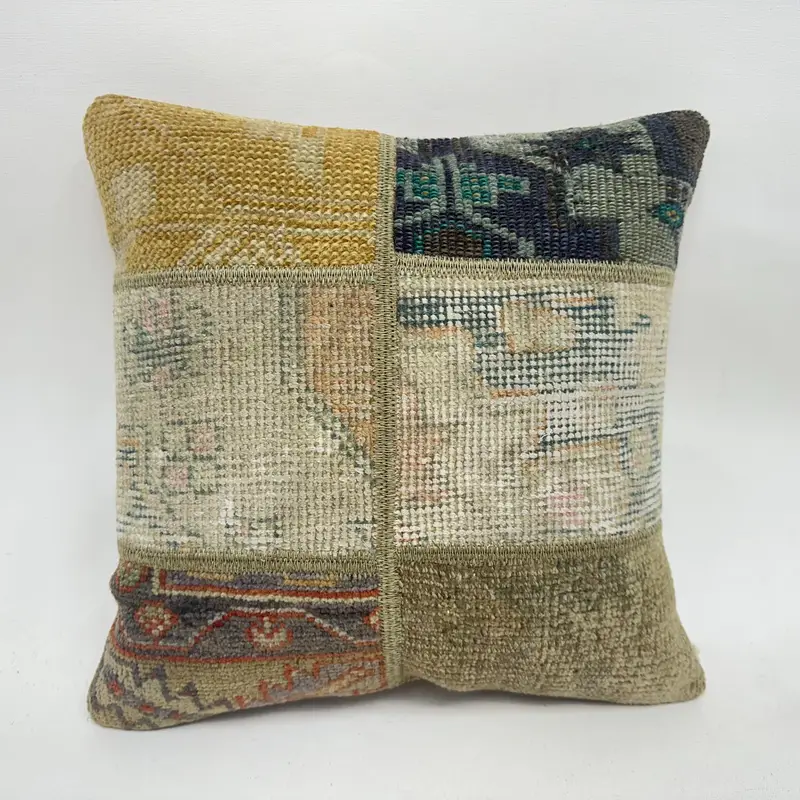 Almohada de lanzamiento de patchwork beige y amarillo, cojín bordado 16x16