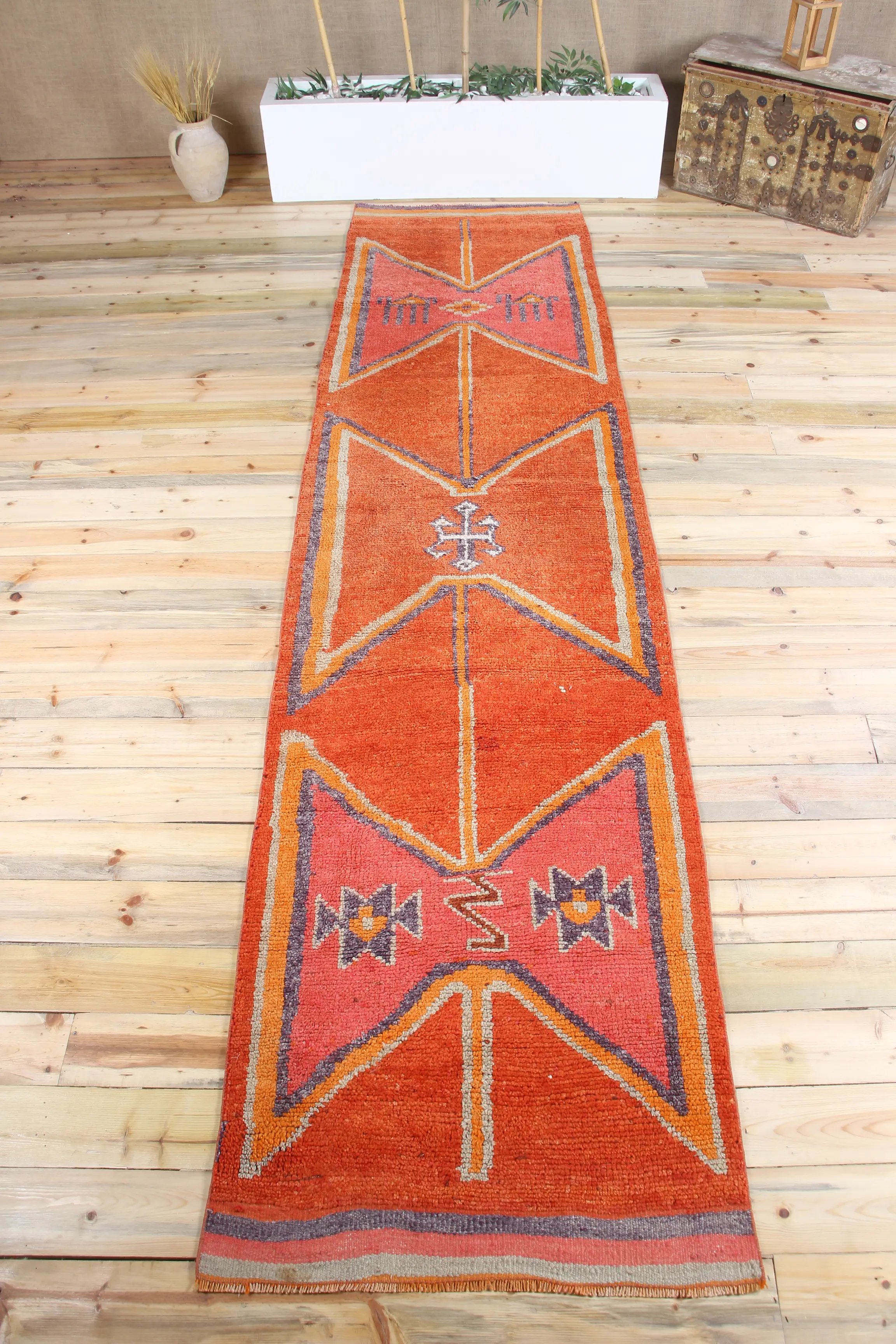 Turkish Rug, 3x12.6 ft Vintage Rug, Orange Pink Geometric Rug - 1