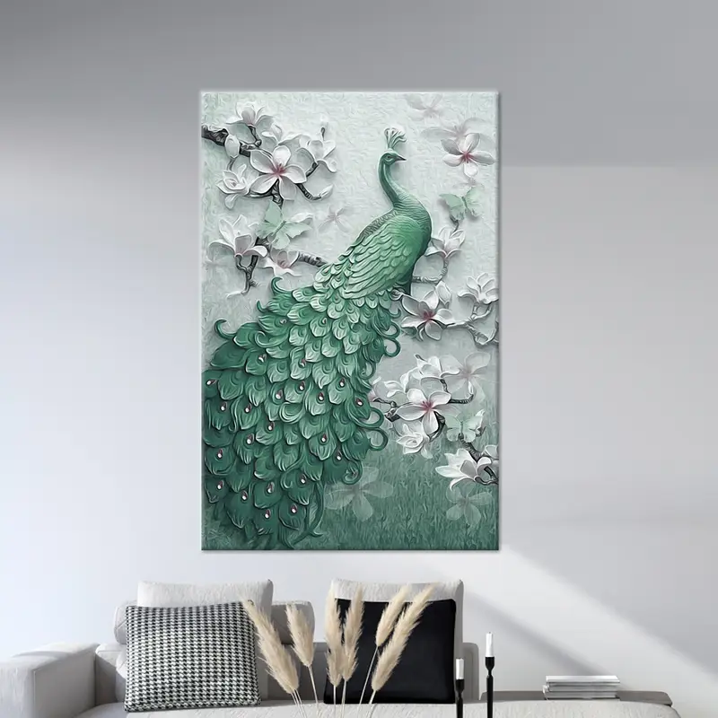 Impresión de lienzo floral de pavo real de lujo moderno - Decoración elegante para el hogar