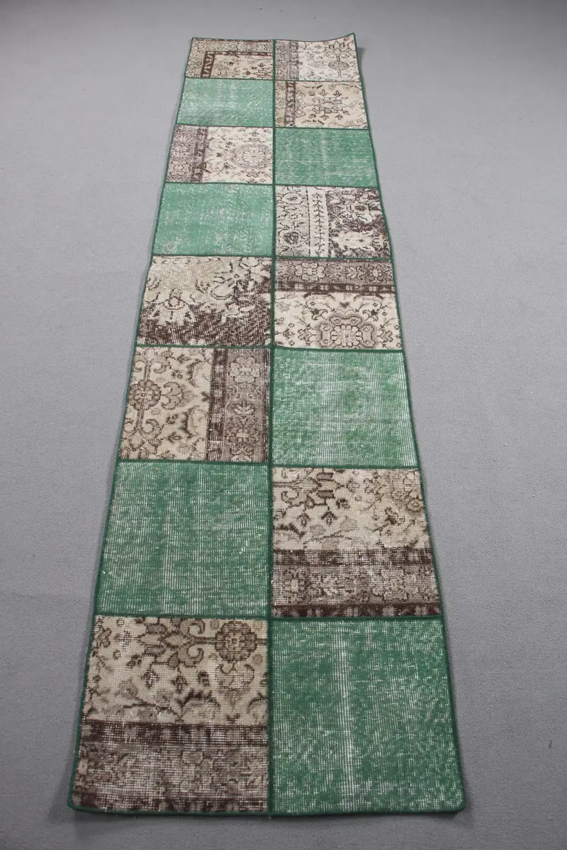 Vintage Turkish Runner Rug 2.2x9 ft (67x273 cm), Green Animal Print Oushak Rug - 1
