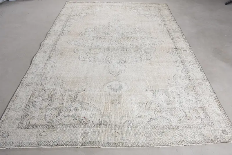 6.7x9.8 ft Türk Oushak Halısı, Beyaz Kamuflaj Vintage Yün Halı - 1