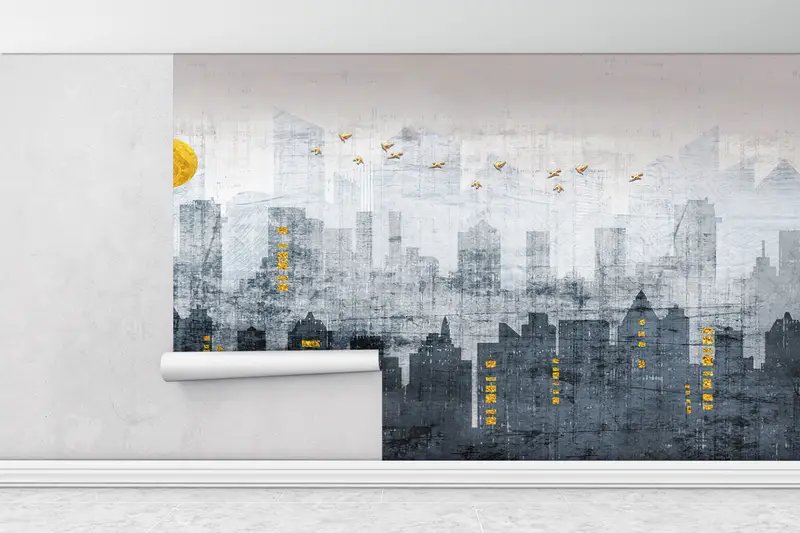 Citscape Wall Decor, Office Wall Paper, Gold Moon Wallpaper, Gray Tones Wall Art, Golden Birds Wall Poster, Gold Sun Mural, - 9