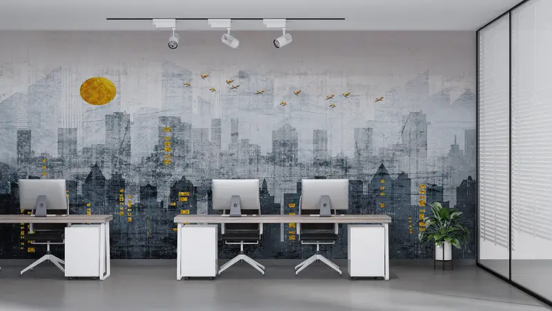 Citscape Wall Decor, Office Wall Paper, Gold Moon Wallpaper, Gray Tones Wall Art, Golden Birds Wall Poster, Gold Sun Mural, - 3
