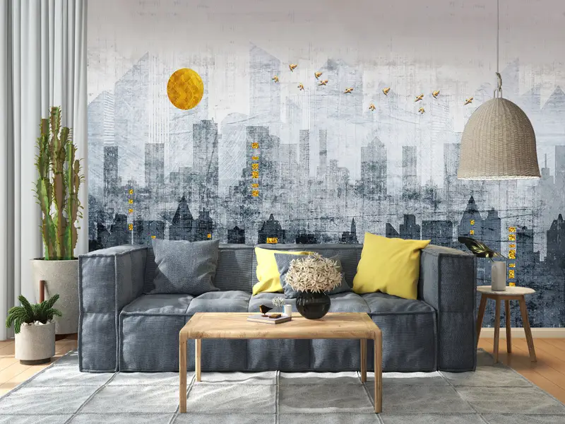 Citscape Wall Decor, Office Wall Paper, Gold Moon Wallpaper, Gray Tones Wall Art, Golden Birds Wall Poster, Gold Sun Mural, - 4