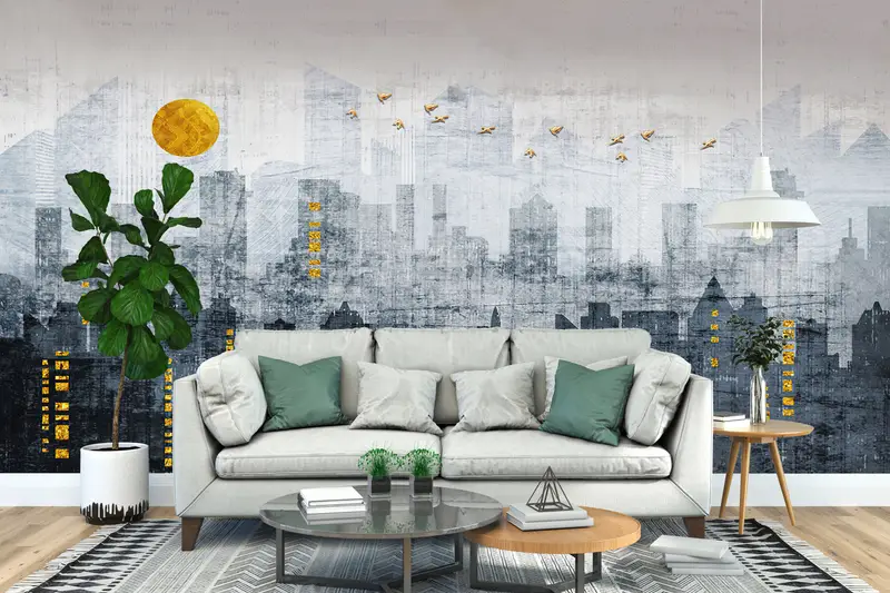 Citscape Wall Decor, Office Wall Paper, Gold Moon Wallpaper, Gray Tones Wall Art, Golden Birds Wall Poster, Gold Sun Mural, - 7