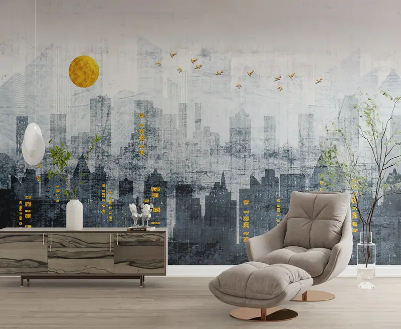 Citscape Wall Decor, Office Wall Paper, Gold Moon Wallpaper, Gray Tones Wall Art, Golden Birds Wall Poster, Gold Sun Mural, - 10