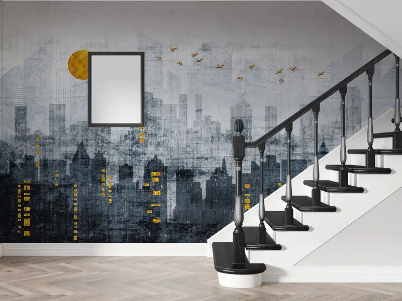 Citscape Wall Decor, Office Wall Paper, Gold Moon Wallpaper, Gray Tones Wall Art, Golden Birds Wall Poster, Gold Sun Mural, - 1
