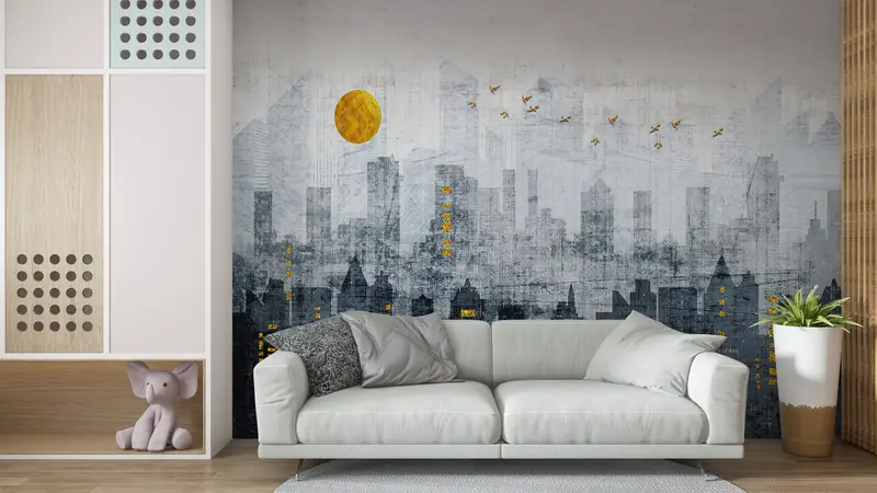Citscape Wall Decor, Office Wall Paper, Gold Moon Wallpaper, Gray Tones Wall Art, Golden Birds Wall Poster, Gold Sun Mural, - 2