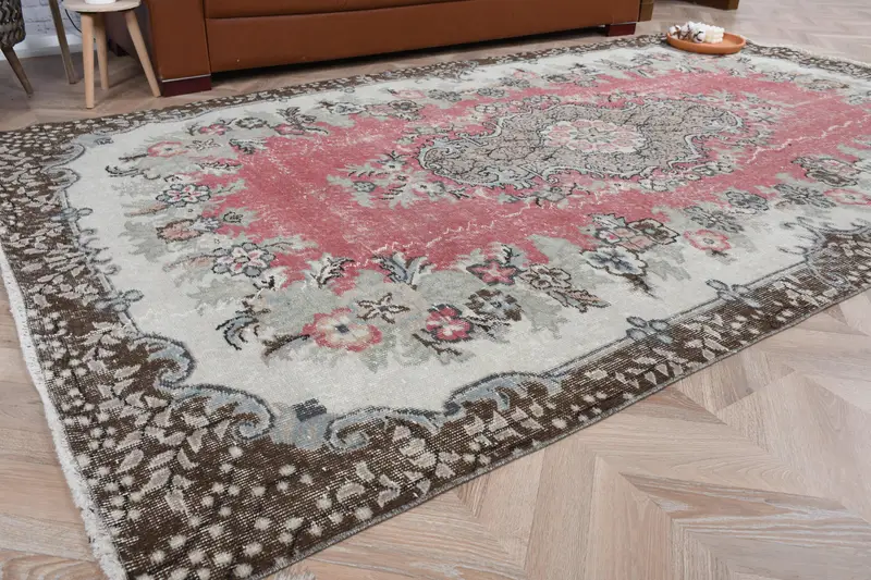 5.4x9.3 ft Halı, Vintage Türk Halısı, Kırmızı Kahverengi Bordürlü Yün Halı - 1