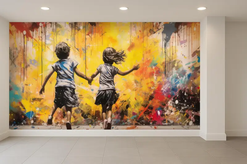 Modern Soyut Duvar Kağıdı: Banksy Çalışan Çocuklar Baskılı Tasarım
